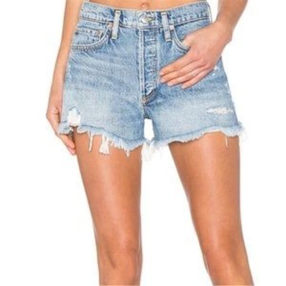 Agolde Pants - AGOLDE Parker Button Fly Medium Wash Distressed Ripped Denim Jean Cut-Off Shorts
